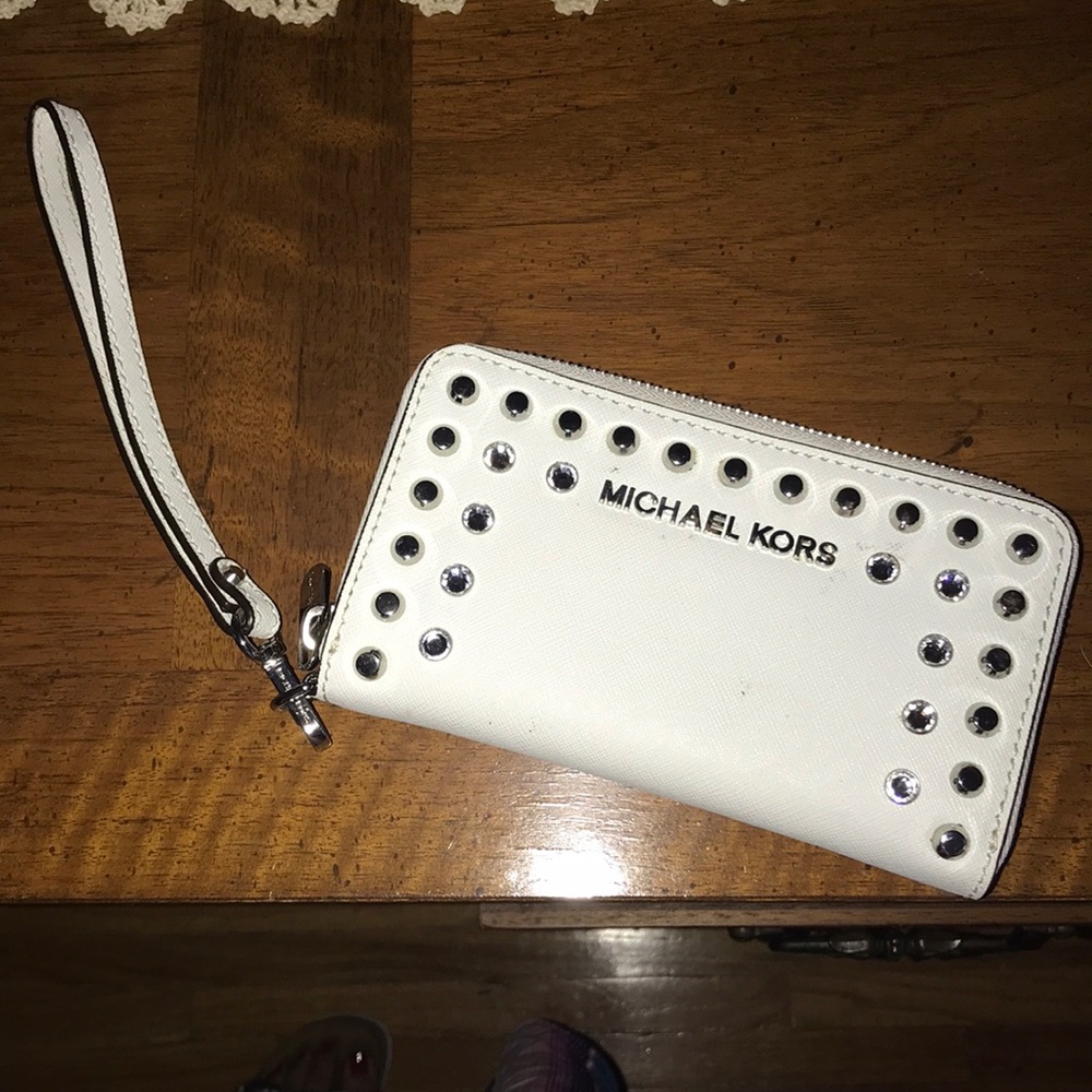 White studded Michael kors wristlet wallet